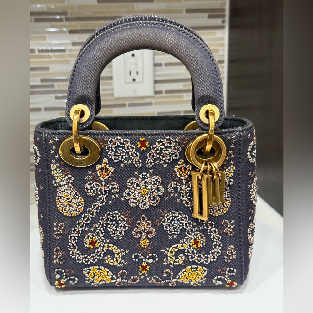 LADY DIOR DENIM ALL HAND STUDDED AND STITCHED with beautiful gold hardware SMALL